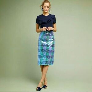 Anthropologie Maeve Sequin Plaid Palette Blue Skirt NWT